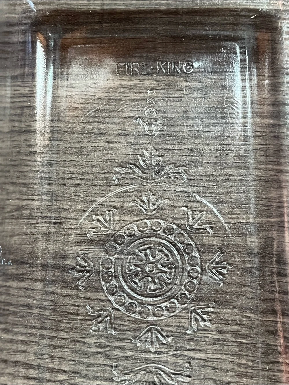 Beautiful Fire King loaf pan. Decorative. Chip on outside and rim. See photos